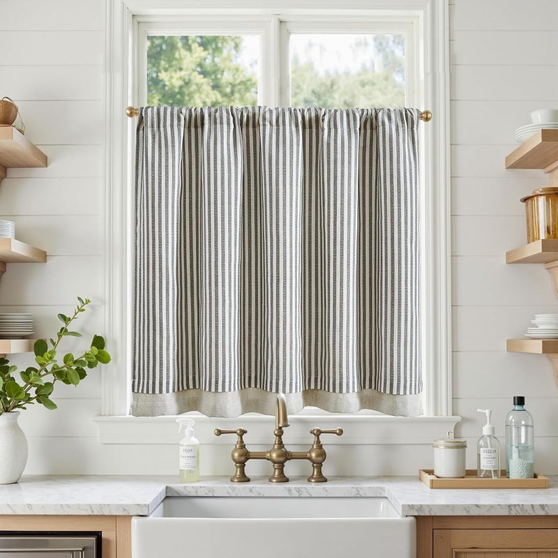 jinchan Double Layer Striped Linen Kitchen Tier Curtain Rustic Cafe for Living Room Bathroom Half Window Curtain Light Filtering Rod Pocket 1 Panel 36 Inch Charcoal Grey - Image 2